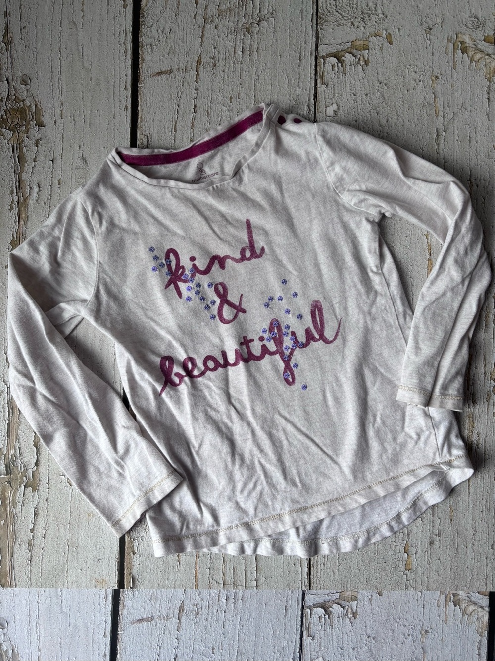 5/$25 White Long-Sleeve Tee with Pink Script "kind & beautiful"